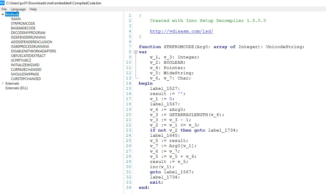 Inno Setup Decompiler disassembling CompiledCode.bin; the left panel shows functions such as BASE64DECODE, ISDEFENDERRUNNING, ADDDEFENDEREXCLUSION, IS360PROCESSRUNNING, and DISABLENETWORKADAPTERS