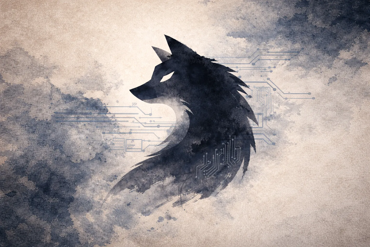 Silver Fox Part 2 cover, a wolf silhouette merged with circuit patterns (AI-generated)