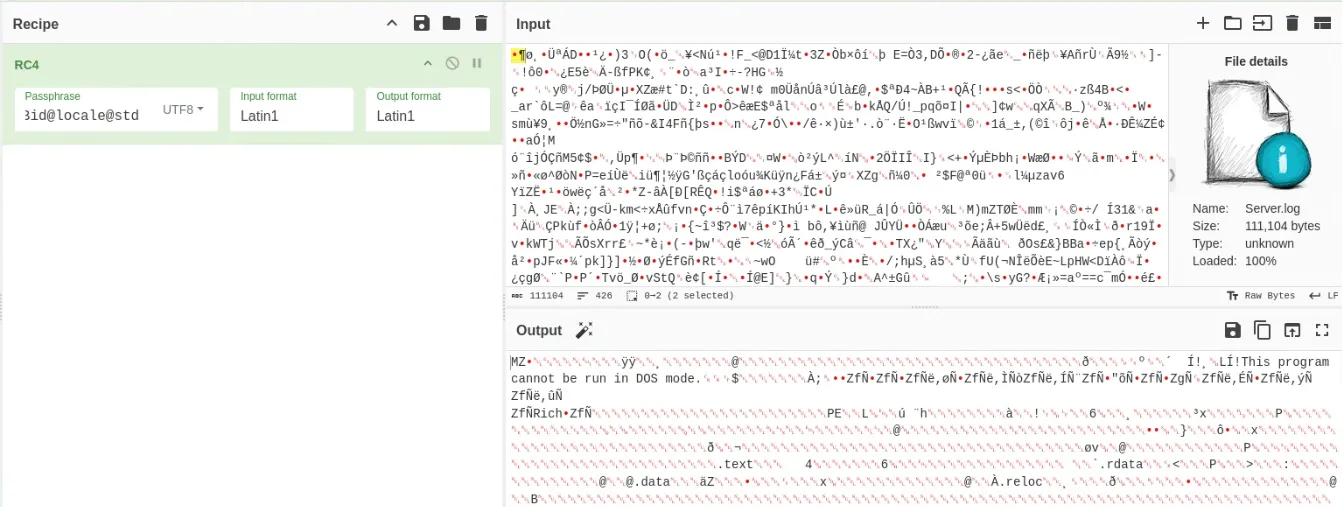 Recovering Server.log to a PE with RC4 in CyberChef