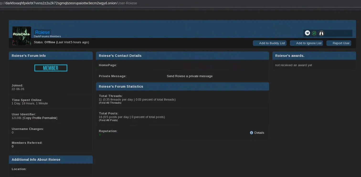 DarkForums 上 Roiese 的個人頁面，顯示 2026 年 6 月加入、發文集中於近期