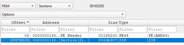 DIE Extractor view of the embedded section, showing a ZIP archive format