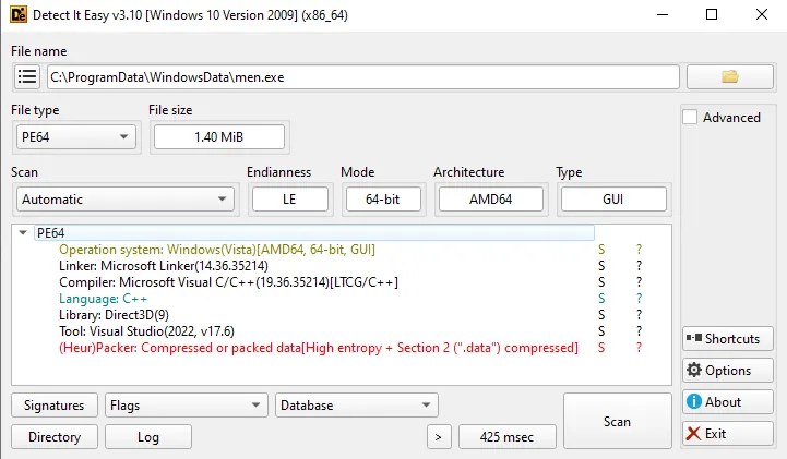 DIE scanning men.exe, identifying it as a C++-compiled PE executable