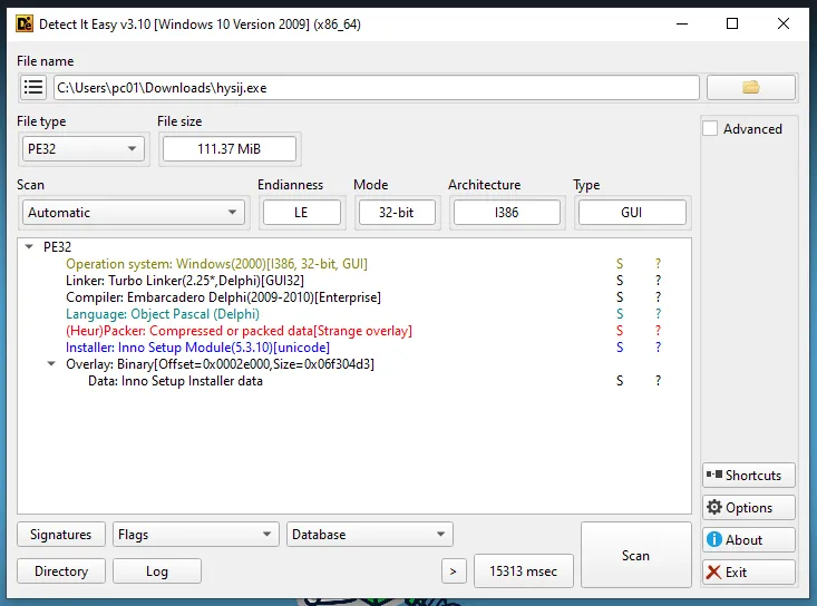 DIE scan results: Embarcadero Delphi, Object Pascal, Inno Setup Module 5.3.10, with an overlay