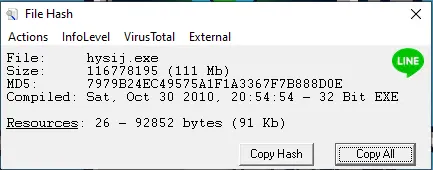 File Hash tool showing hysij.exe size, MD5, and compile time