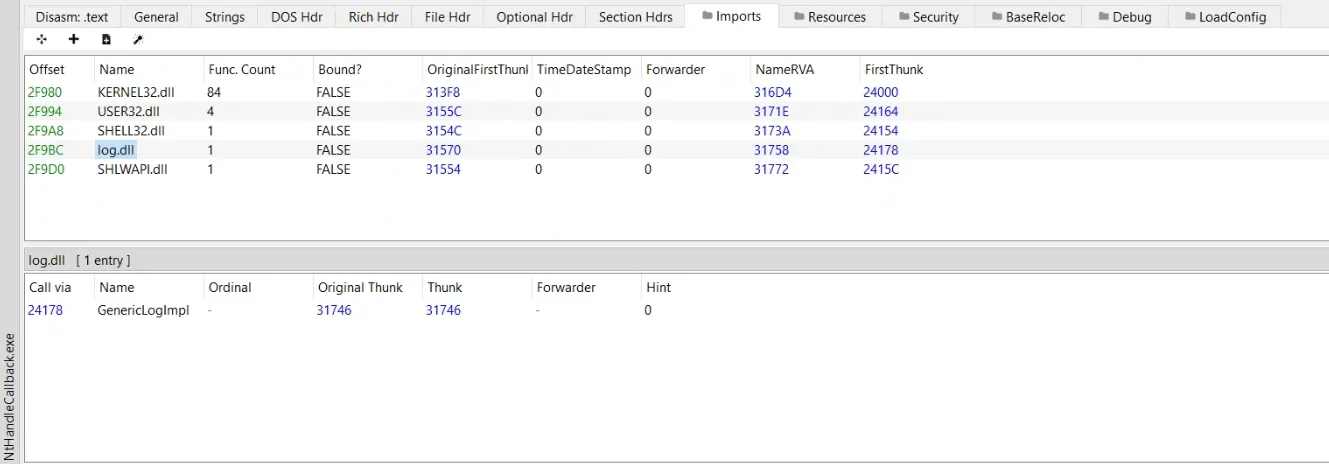 NtHandleCallback.exe's Import Table, pointing at log.dll!GenericLogImpl