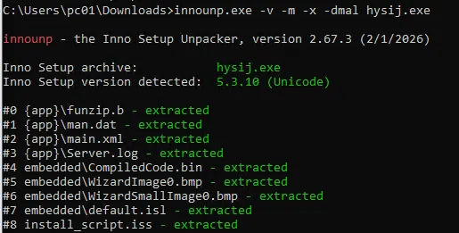 innounp output: funzip.b, man.dat, main.xml, Server.log under {app}, and CompiledCode.bin, install_script.iss and others under embedded