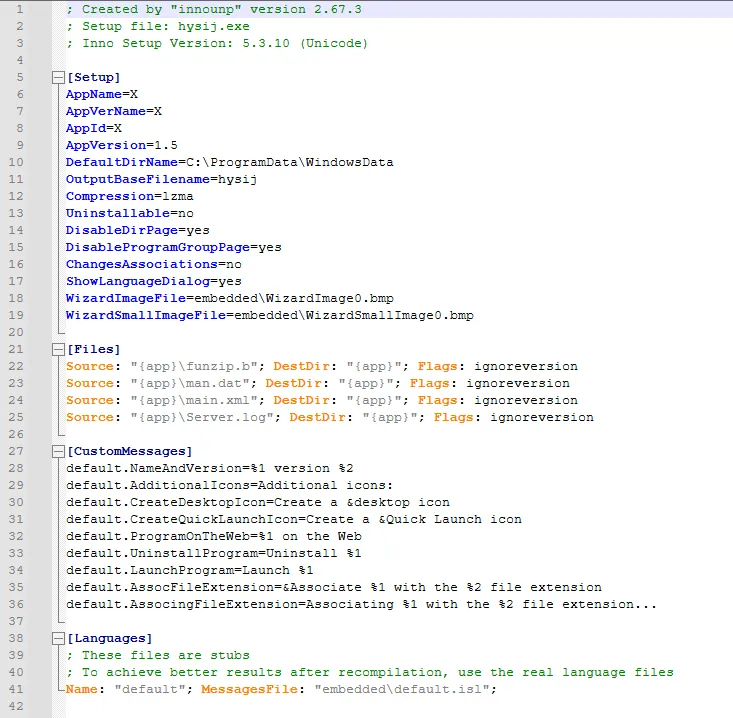 install_script.iss contents: DefaultDirName points to C:\ProgramData\WindowsData, and the [Files] section drops funzip.b, man.dat, main.xml, Server.log