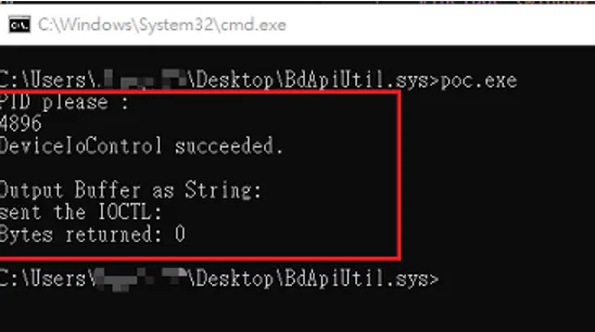 Running poc.exe and entering the PID