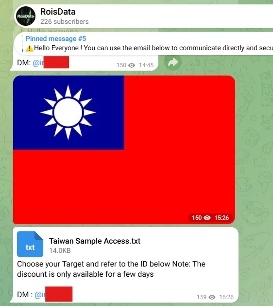 攻擊者 Telegram 頻道張貼台灣國旗與 Taiwan Sample Access.txt 樣本檔，聯絡帳號已遮罩